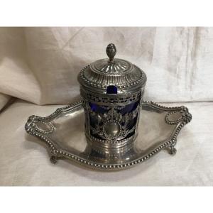 18th - Silver Mustard Pot And Blue Glass From 1781