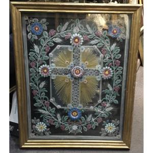 Eglomisè Glass Painting Decorated With A Central Reliquary-style Cross