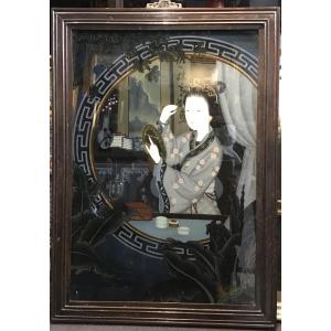 China 19th Century - Fixed Under Glass “young Woman Putting On Makeup”