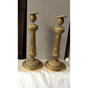Pair Of Early 19th Century Gilt Bronze Candlesticks 