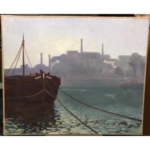 19th Century Painting - Boat At The Quayside Against An Industrial Background 