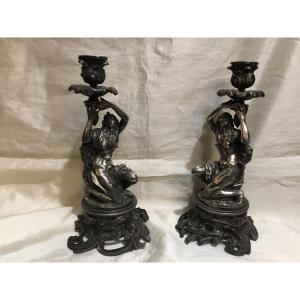 19th Century - Pair Of Silvered Bronze Female Candlesticks