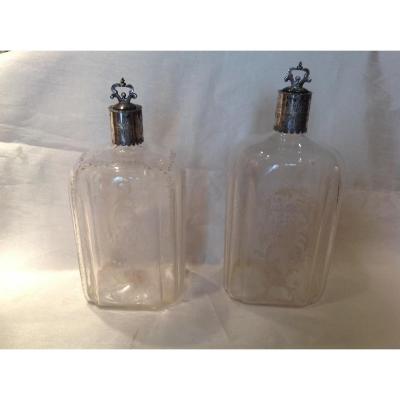 Two Engraved Glass Bottles 18th Silver Mounts