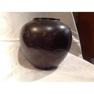 Large Bronze Vase Japan Meiji 19th - Fishermen