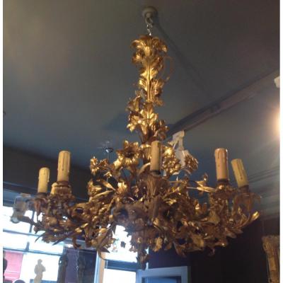 Large Gilt Bronze Chandelier With Flower Decor