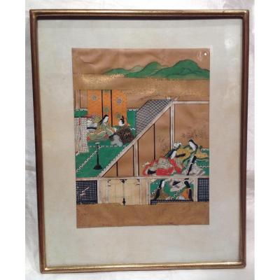 Japan XIXth - Gouache Watercolor Painting Interior Of House With Characters