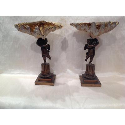Pair Of Bronze Loves Topped With Shell 19th