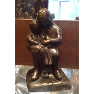 A. Huguenin-dumitran - Bronze Sculpture Woman And Child Reading