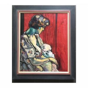 Médard Maertens (1875-1946). Marthe Guillain And Child. Oil On Canvas 70x50cm Signed
