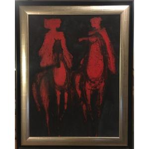 Claude Quiesse (1938-) Red Riders, Oil On Canvas, Signed