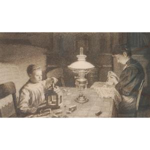 Olivier Duchâteau (1876-1939) Mother And Child Under The Lamp