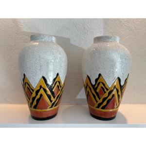 Pair Of Charles Catteau Vases For Boch Frères Keramis