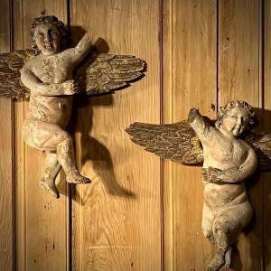 Pair Of Putti Carved Wood XVIII Beautiful Patina