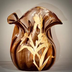 Art Nouveau Vase Golden Floral Decor Attributed To Montjoye
