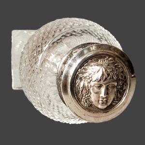 Silver Stopper Bottle With Head Of Dionysus And Vine Theme.