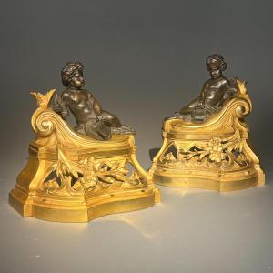 Pair Of Bronze Cherub Andiron Decorations 