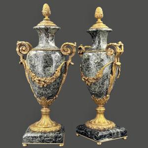 Pair Of Bronze And Green Marble Cassolettes And Vases 