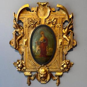 Sculpted, Gilded And Polychrome Panel In Homage To Saint Luke.