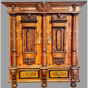 Alsatian Strasbourg Armoire With Seven Ringed Columns And Bastion Cushion Decoration, Dated 1700