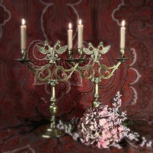 Pair Of 19th Century Bronze Two-branch Candlesticks Decorated With Double-headed Eagles.