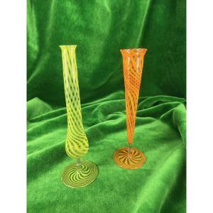  Pairs Of Green And Orange Filigree Vases From The "bimini Glassworks" Of Vienna, 1923