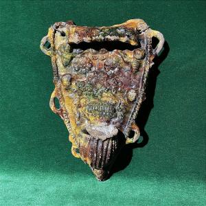 Folk Art Wall-mounted Holy Water Font In Polychrome Terra Cota