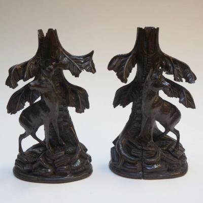 Pair Of Candlesticks Carved Chamois And Ibex Brienz