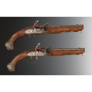 Pair Of Officer's Pistols Signed Laroche In Paris, Former Monarchy. 
