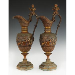 Pair Of Renaissance Style Ewers In Gilt And Patinated Bronze, Napoleon III