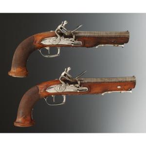Pair Of Officer's Silex Pistols Signed Feuillet, Arquebusier à Grenoble, First Empire.