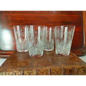 Saint Louis, 4 Glasses Engraved With Flowers, Foliage And Ribbon, Monogram