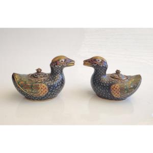 China 19-20th, Qing Dynasty, Pair Of Cloisonné Ducks