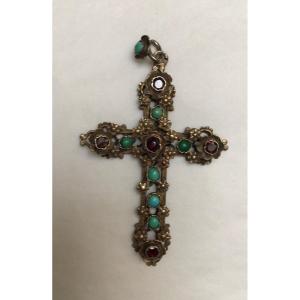 Austro Hungarian Cross Golden Silver Cabochons Turquoise Flowers 19th