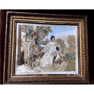 Table Embroidery Said Needle Painting, Woman Child And Toys 1820