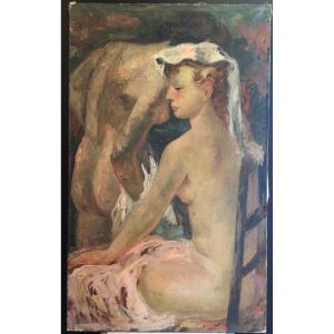 Oil On Canvas Portrait Of Women In The Bath Luigi Coberllini 20th