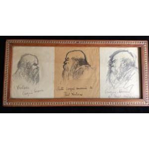 3 Drawings Portraits Of Verlaine Around 1895 By Jehan Rictus