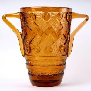 1930 Daum Nancy - Vase Geometric Art Deco Vase With Handles Amber Orange Acid Etched Glass