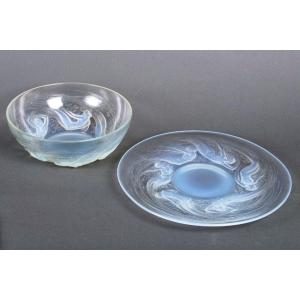 1921 René Lalique - Dishes Plate & Bowl Ondines Opalescent Glass