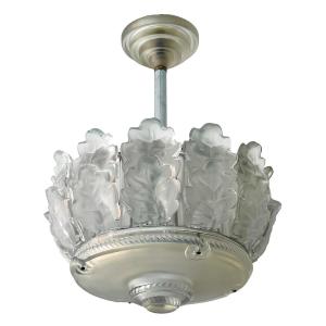 1951 Marc Lalique - Chandelier Chene Oak Frosted Crystal