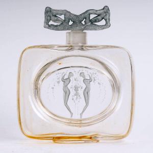 1912 René Lalique - Perfume Bottle Two Figurines Glass With Blue Patina