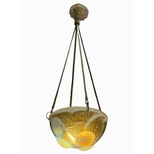 1921 René Lalique - Chandelier Dahlias Opalescent Glass With Sepia Patina