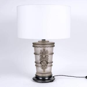 1950 Marc Lalique - Lampe Pan Faune Crystal With Grey Patina