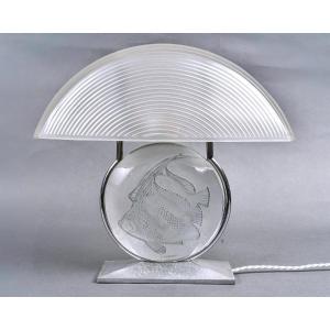 1931 René Lalique - Art Deco Lamp Poissons Fish Glass With Blue Patina 