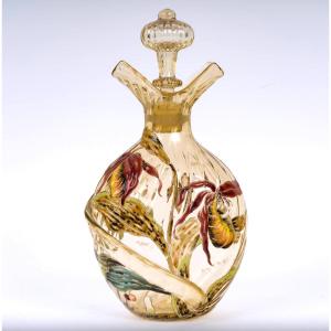 1890 Cristallerie Emile Gallé - Bottle Decanter Yellow Glass With Enameled Butterfly & Flowers