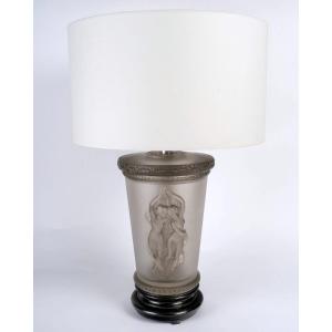 1950 Marc Lalique - Lamp Deux Danceuses Two Dancers Crystal With Grey Patina