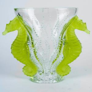 Lalique France - Vase Poseidon Clear And Lime Green Crystal - New - 92/99