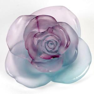 Daum France - Paperweight Decorative Flower Rose Passion Blue And Pink Crystal