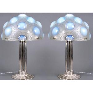 1926 René Lalique - Pair Of Lamps Soleil Opalescent Glass