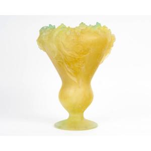 Daum France - Vase Mimosa Yellow And Green Glass Pâte De Verre - 30 Cm