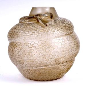 1924 René Lalique - Vase Serpent Snake Glass With Sepia Patina